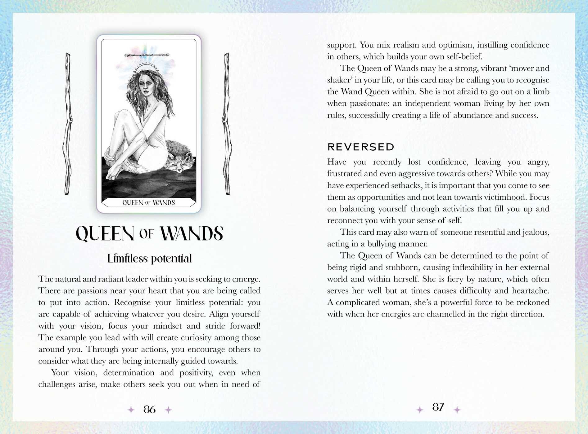 Tarot card description with 'Queen of Wands' illustration and text on a light blue background