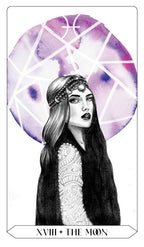 Illustration of a woman with long hair and a purple geometric design in the background, labeled 'XVIII + The Moon'.