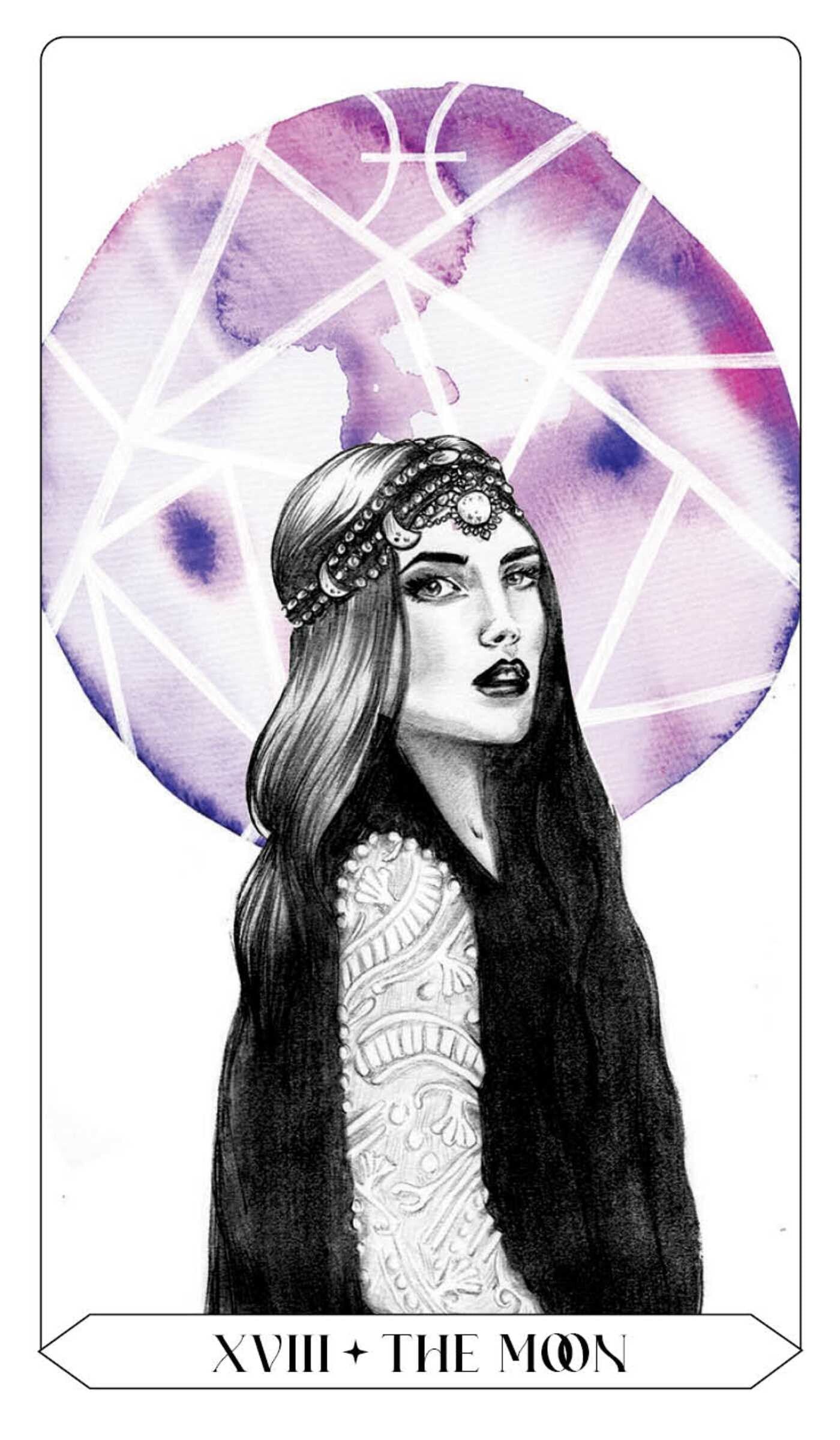 Illustration of a woman with long hair and a purple geometric design in the background, labeled 'XVIII + The Moon'.