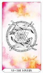 Tarot card featuring two wolves in a geometric design with watercolor background