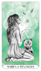 Tarot card featuring a woman and bear with a green background and 'Maiden of Pentacles' text.