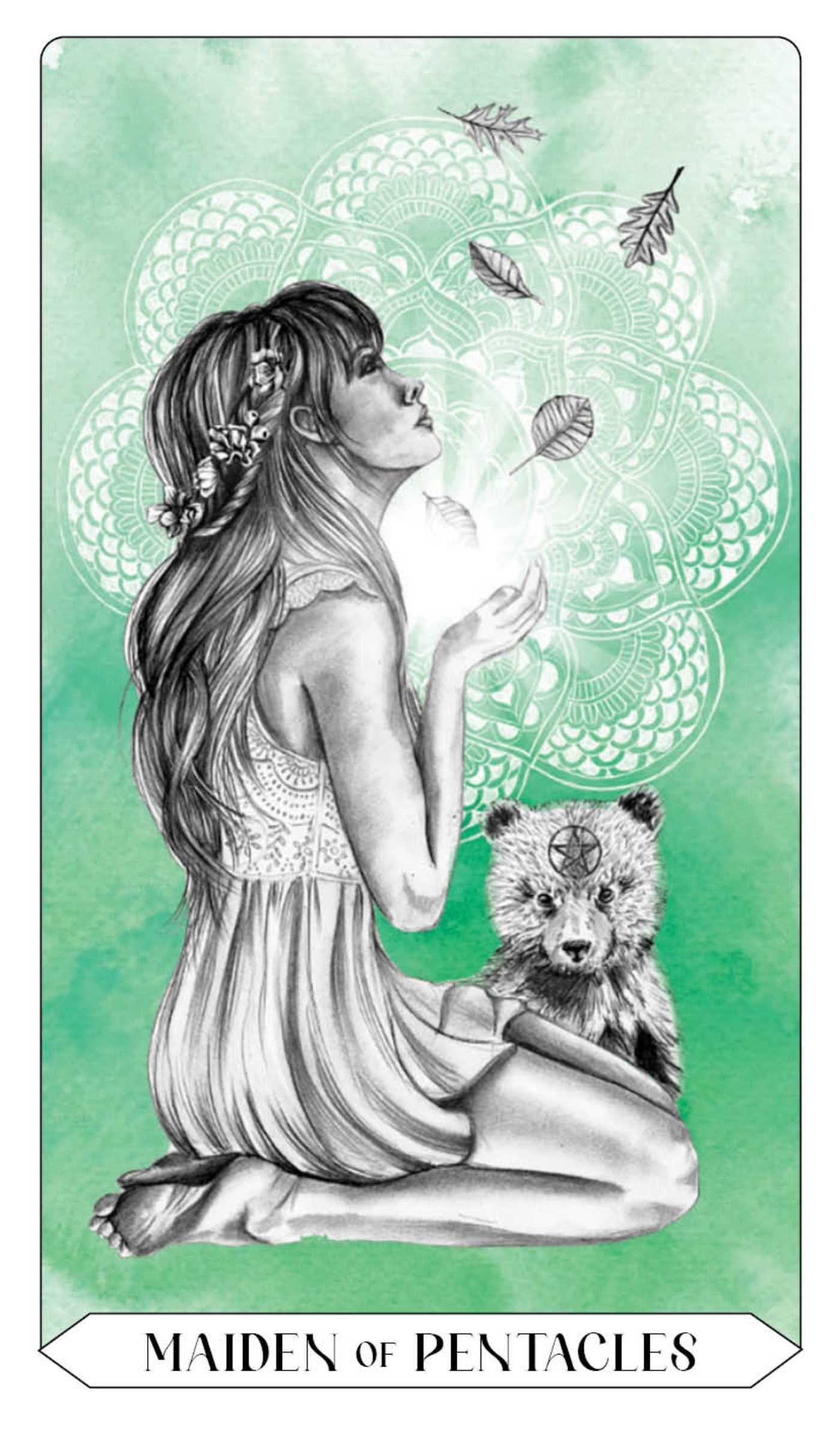Tarot card featuring a woman and bear with a green background and 'Maiden of Pentacles' text.