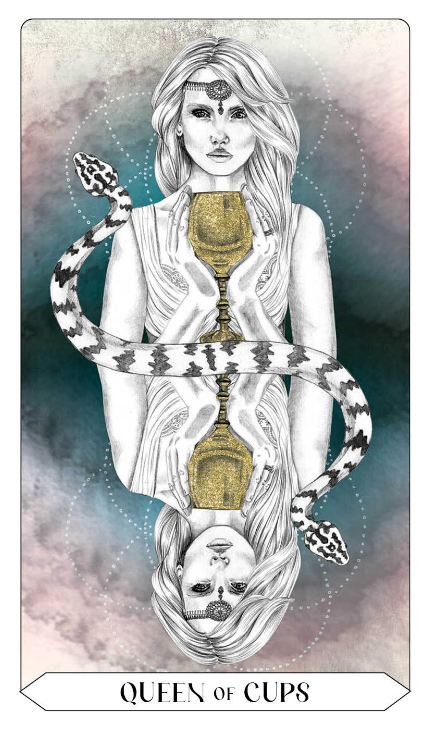 Tarot card featuring 'Queen of Cups' with a woman holding a cup and a snake, on a gradient background.
