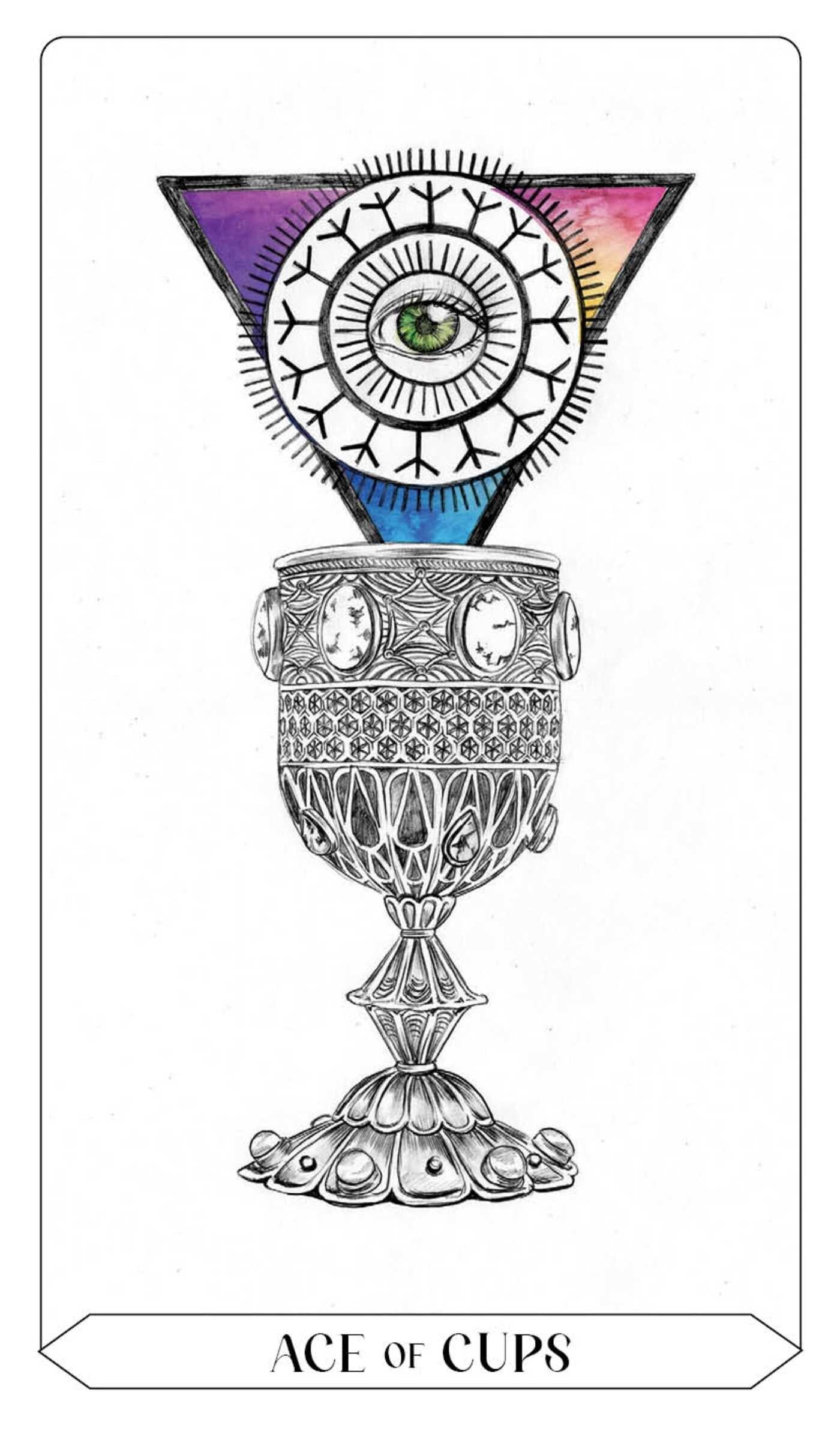 Ace of Cups tarot card with ornate goblet and multicolored triangle