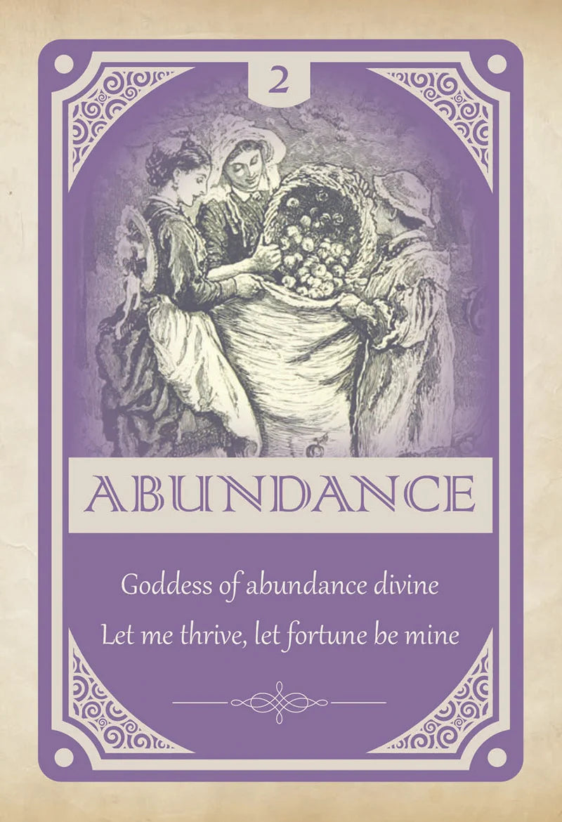 Card with illustration of two people with a harvest, titled 'Abundance' on a purple background.