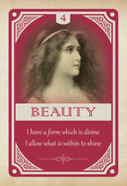 Vintage-style card with a portrait of a woman and the word 'BEAUTY' on a beige background