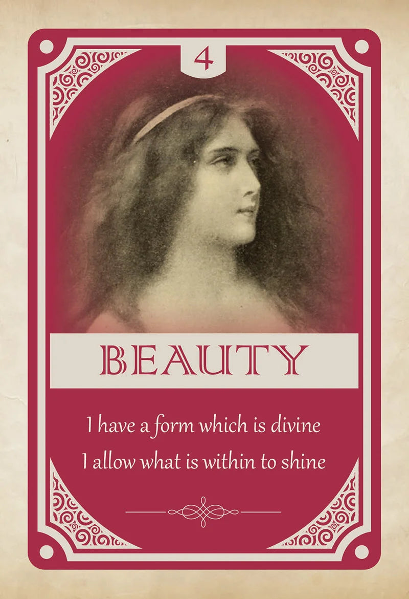 Vintage-style card with a portrait of a woman and the word 'BEAUTY' on a beige background