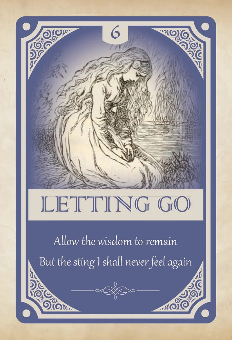 Card titled 'Letting Go' with a stylized illustration of a woman and text on a beige background