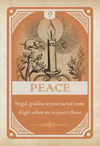Card with a candle and nature elements on an orange background, featuring the word 'Peace'.