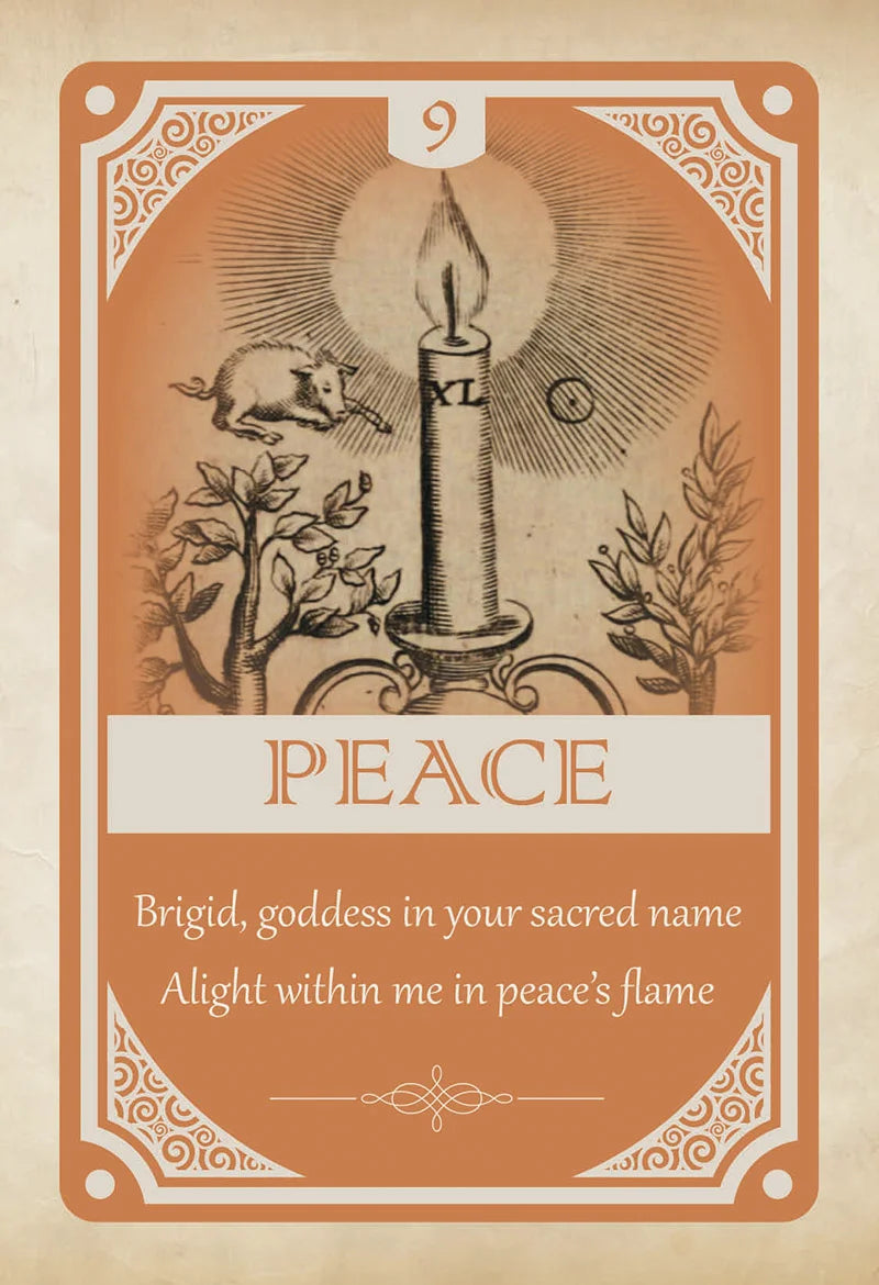 Card with a candle and nature elements on an orange background, featuring the word 'Peace'.