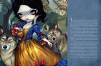 Illustration of a girl in a blue dress with red bows, surrounded by wolves, with text on the right.