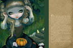 Illustration of a woman with a pumpkin and pocket watch in a forest setting, with text on the right side.