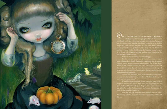 Illustration of a woman with a pumpkin and pocket watch in a forest setting, with text on the right side.