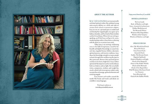 Woman in a blue dress reading a book in a room filled with books, with text on the right side.