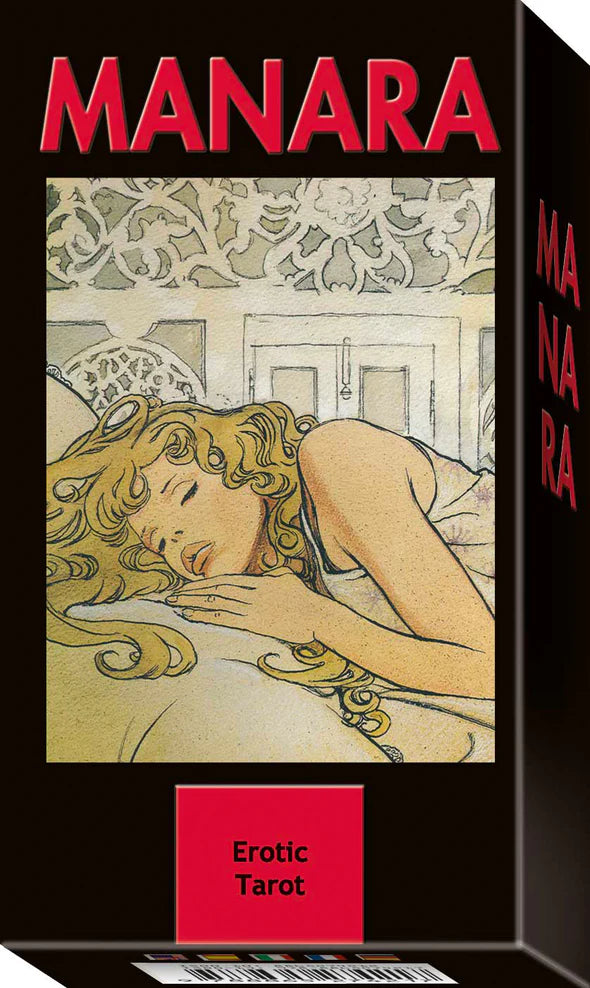 Manara Erotic Tarot box with illustration of a woman and 'Manara' branding.