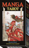 Manga Tarot book cover with a woman in a red kimono and artwork by Anna Lazzarini.