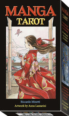 Manga Tarot book cover with a woman in a red kimono and artwork by Anna Lazzarini.