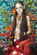 Artistic depiction of a woman with long hair surrounded by tropical plants and flowers.