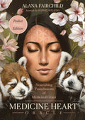 Book cover of 'Medicine Heart Oracle' with a woman's face, red pandas, and floral elements.