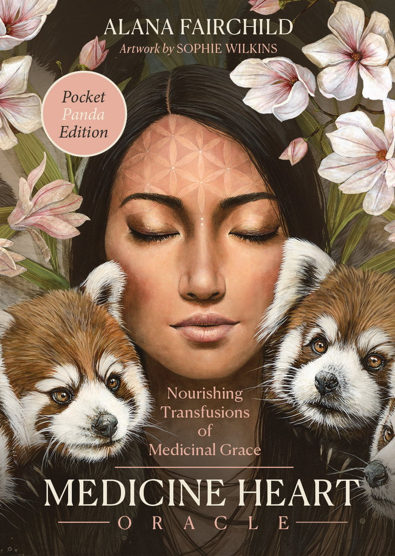 Book cover of 'Medicine Heart Oracle' with a woman's face, red pandas, and floral elements.