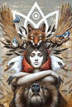 Artistic illustration of a woman surrounded by animals with a geometric design in the background