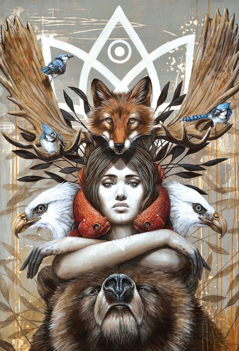 Artistic illustration of a woman surrounded by animals with a geometric design in the background
