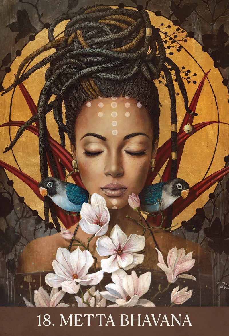 Artistic depiction of a woman with braided hair, flowers, and birds against a warm-toned background.