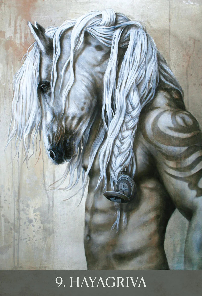 Artistic depiction of a creature with horse-like features and zebra stripes, wearing a necklace, on a textured background.