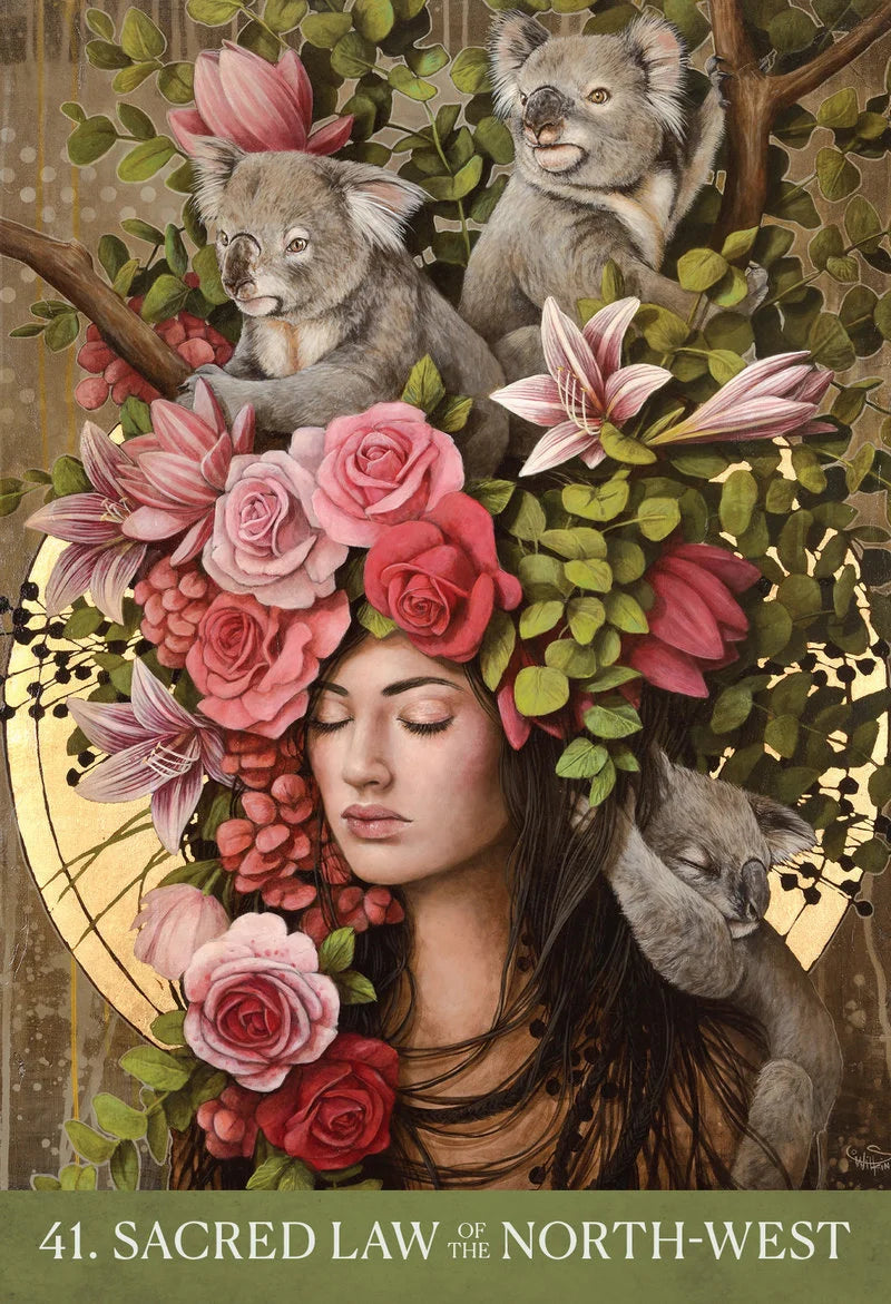 Artistic depiction of a woman with koalas and flowers, inspired by 'Sacred Law of the North-West'.