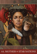 Artistic depiction of a woman with braided hair and a monkey, with decorative elements and text '44. Mother of Star Nations'.