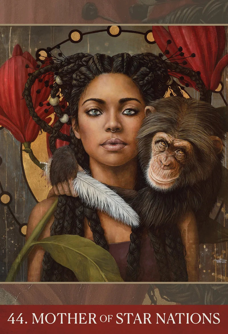 Artistic depiction of a woman with braided hair and a monkey, with decorative elements and text '44. Mother of Star Nations'.