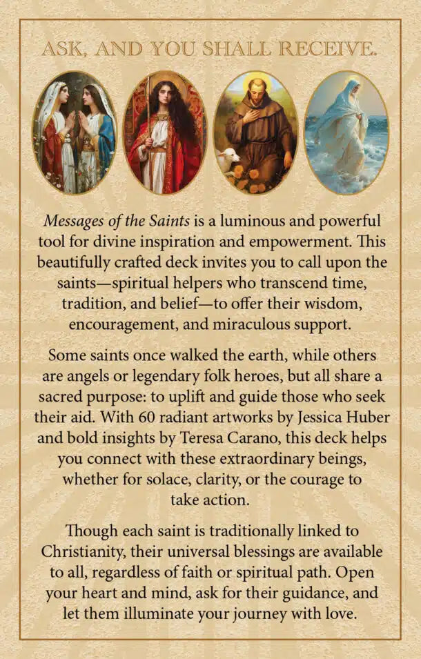  promotional text for 'Messages of the Saints' deck with religious imagery