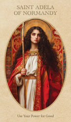 Portrait of Saint Adela of Normandy with a decorative frame on a beige background.