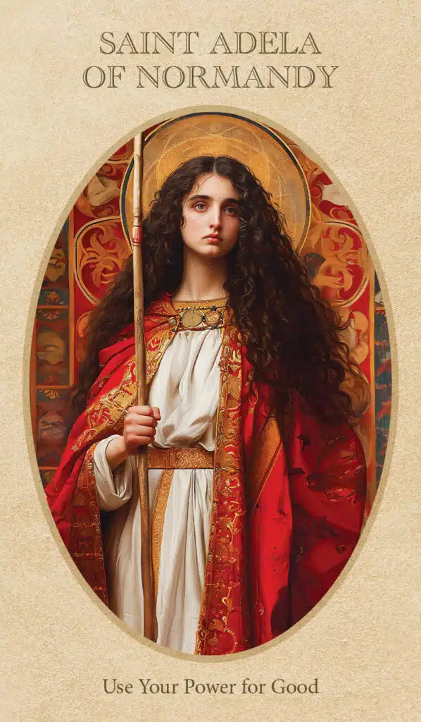 Portrait of Saint Adela of Normandy with a decorative frame on a beige background.