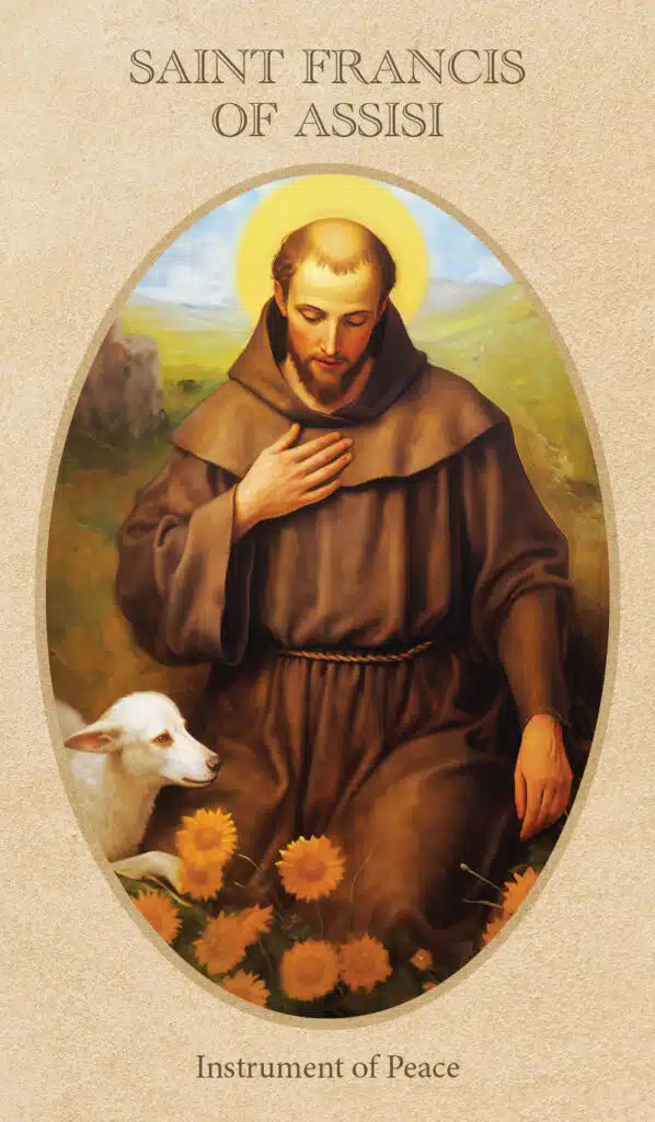 Saint Francis of Assisi with a lamb and flowers on a beige background