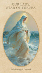 Oval painting of a woman in a blue robe standing on water with text 'Our Lady, Star of the Sea' and 'Safe Passage Is Granted'.