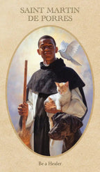 Oval portrait of a man in religious attire holding a cat and a dog, with a dove above, on a beige background.