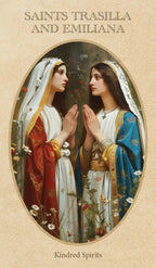 Artistic depiction of two women in religious attire with a beige border and text above.