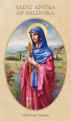 Saint Anysia of Salonika depicted in a painting with a landscape background