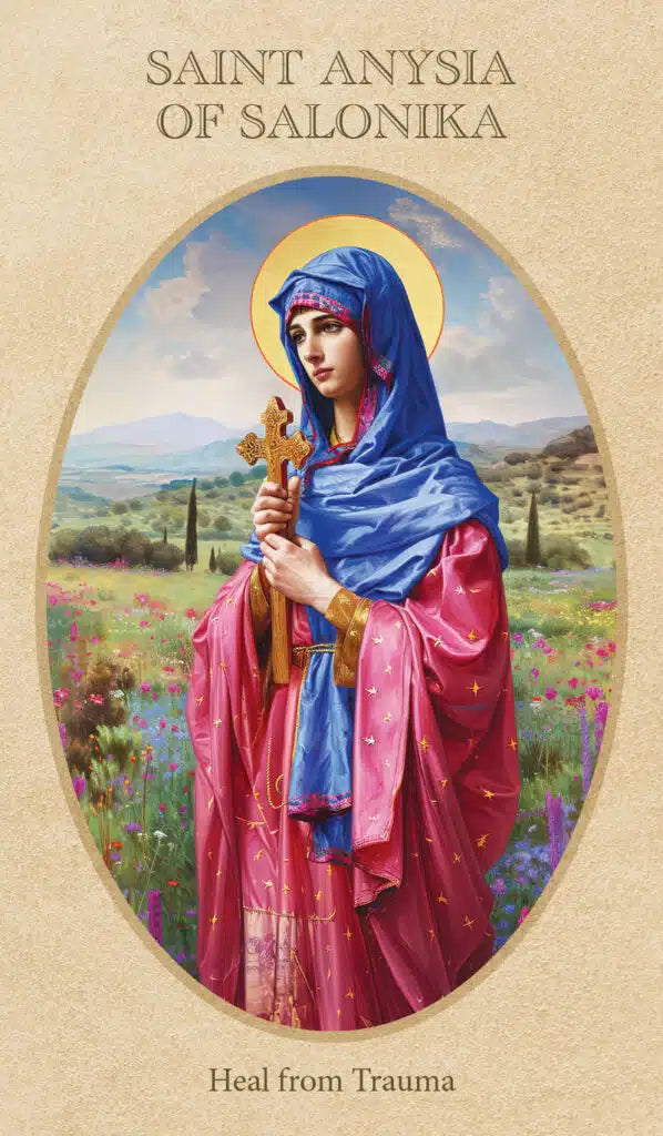 Saint Anysia of Salonika depicted in a painting with a landscape background