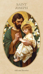 Saint Joseph holding a child with floral background