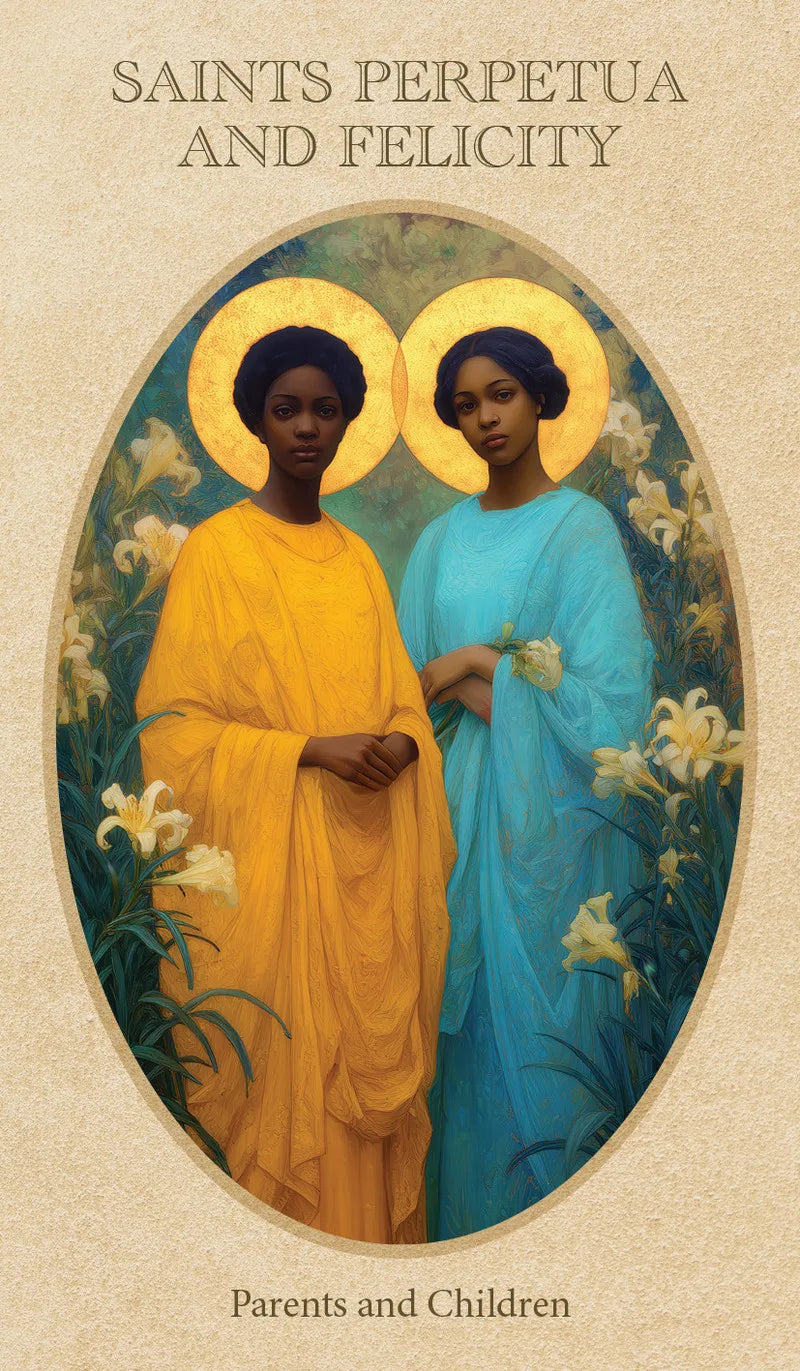 Illustration of two women in yellow and blue robes with halos, surrounded by flowers on a beige background.