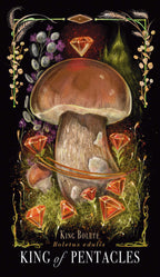 Illustration of a mushroom with diamonds and herbs on a dark background