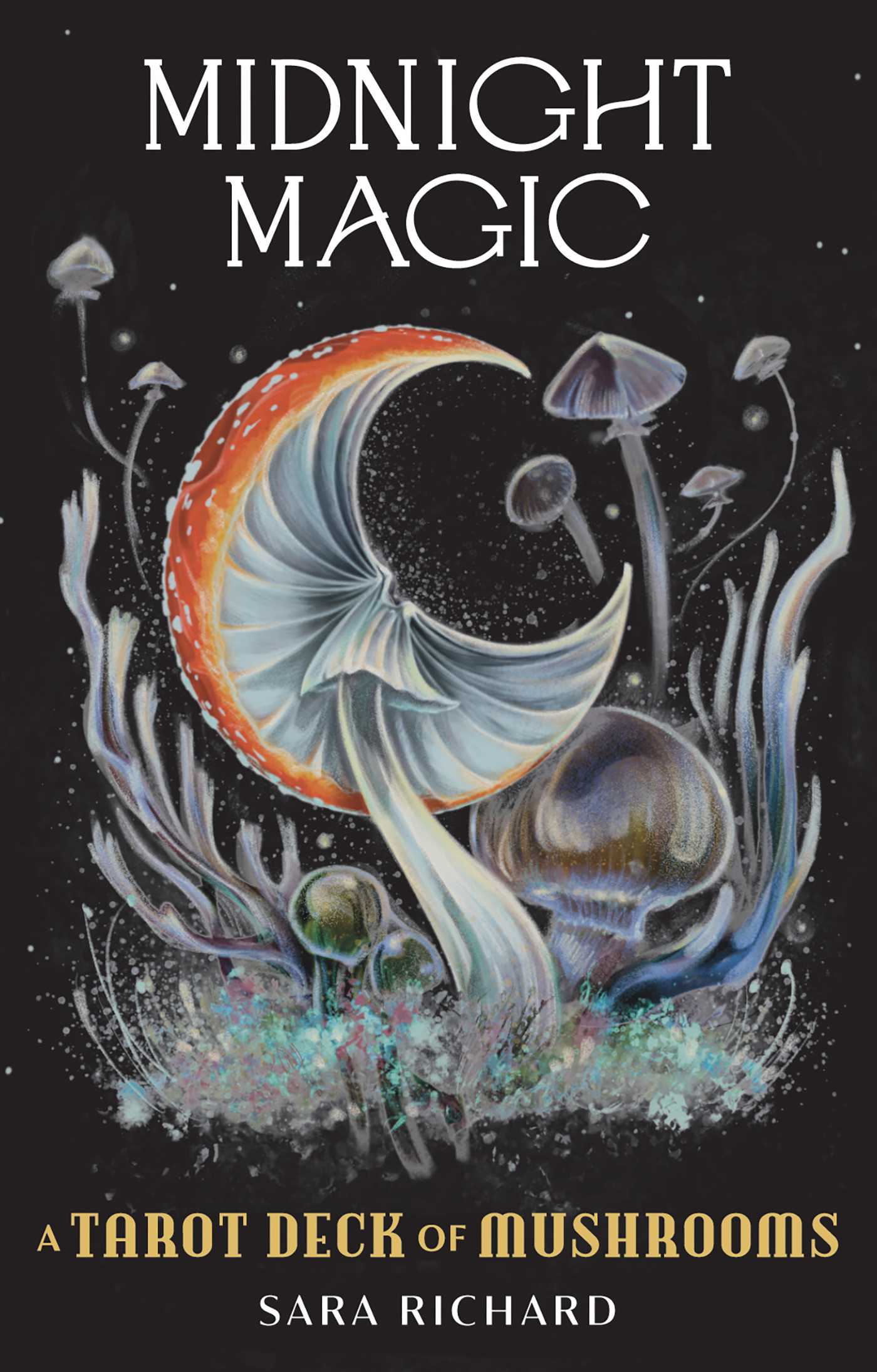 Book cover of 'Midnight Magic' featuring mushrooms and a moon on a dark background.