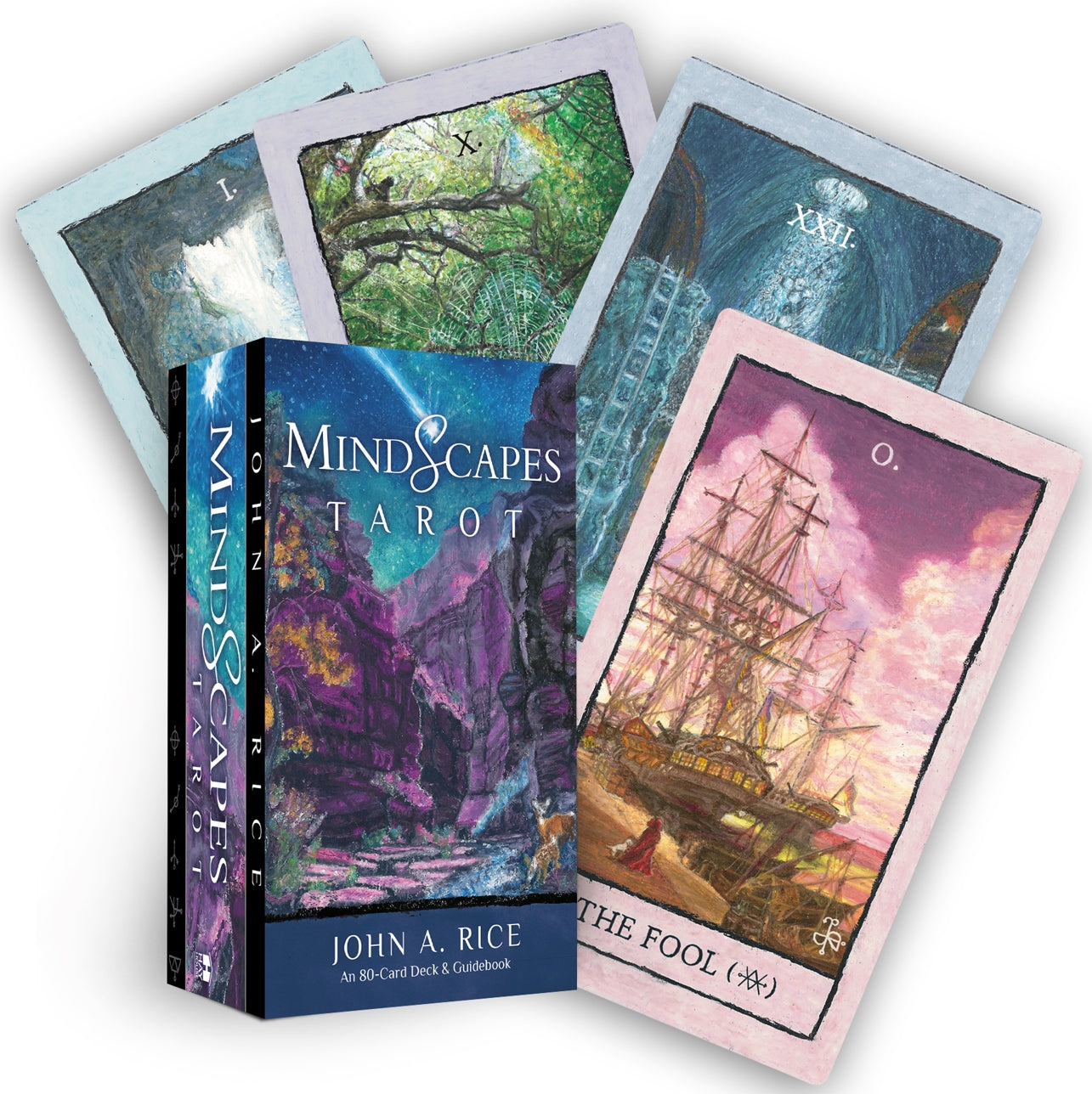 Mindscape Tarot cards with a book titled 'Mindscape Tarot' by John A. Rice on a white background.