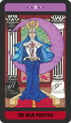 Tarot card titled 'The High Priestess' with a figure in blue robes and purple headdress against a decorative background.
