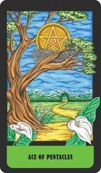 Tarot card featuring a tree, nest, and pentacle symbol with a green base and yellow path.