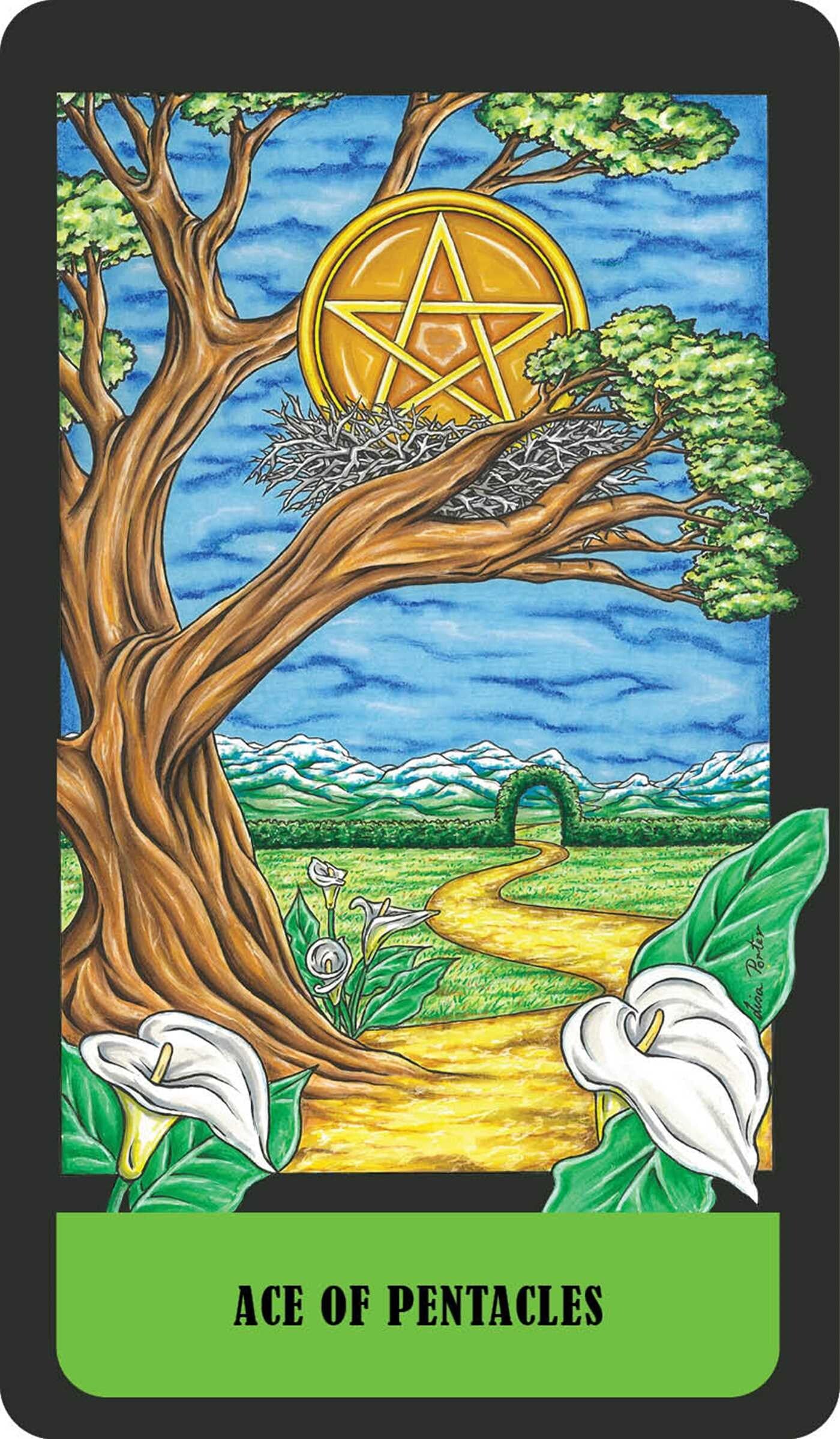 Tarot card featuring a tree, nest, and pentacle symbol with a green base and yellow path.