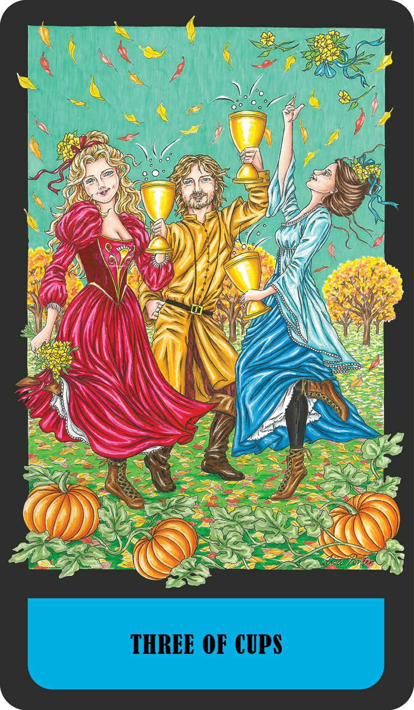 Three people holding cups in a festive setting with pumpkins and autumn leaves, labeled 'Three of Cups'.