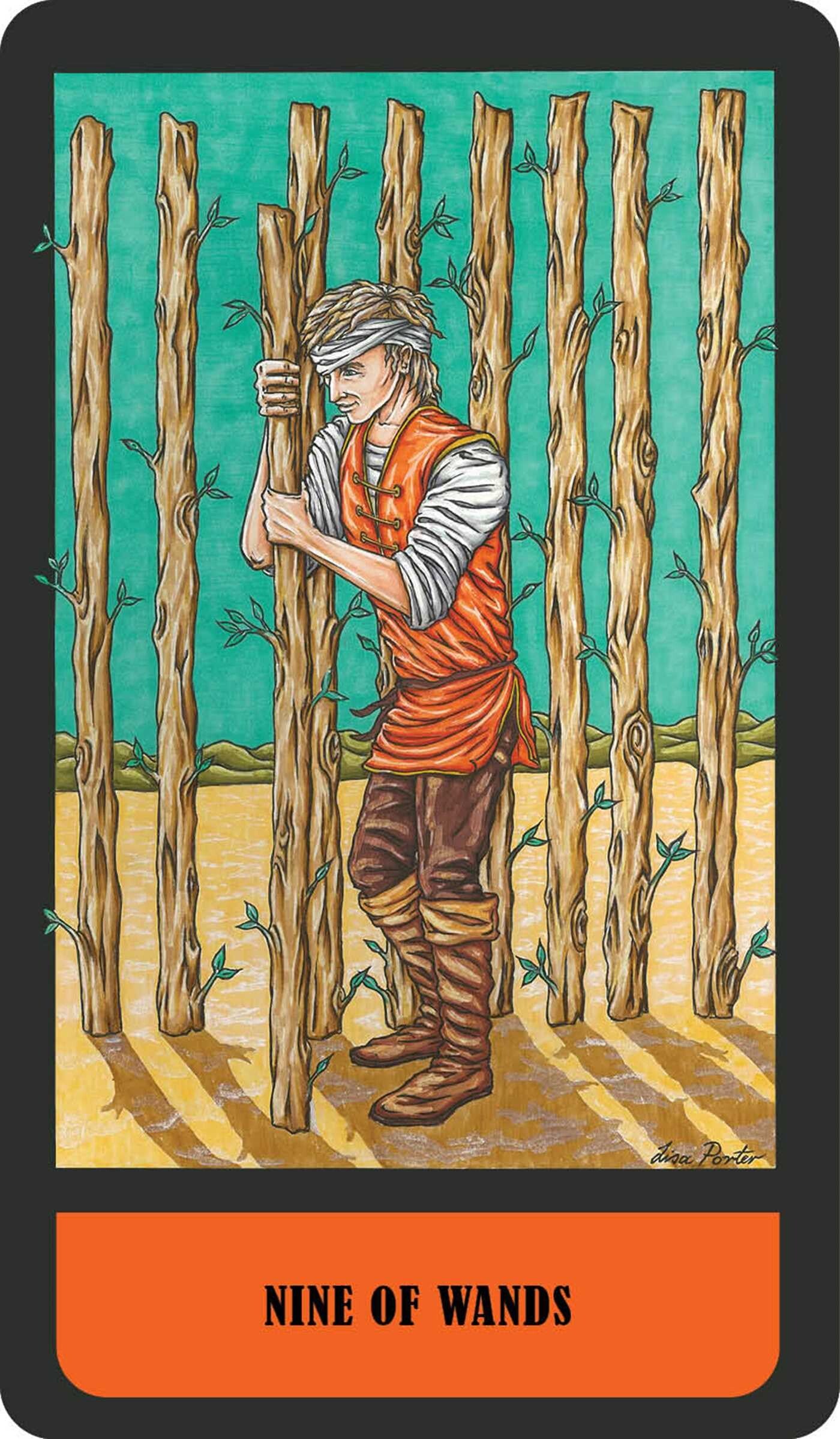Tarot card featuring a person holding wands with 'Nine of Wands' at the bottom